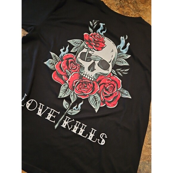 Love Kills T-shirt Mens Skull Roses rgstr couture‎ Size 2XL Black (A56) - Picture 6 of 8